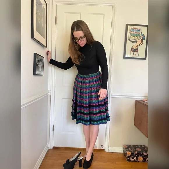 60s Vintage Pixie of California Fit and Flare Midi Dress w Woven Skirt - Picture 3 of 11